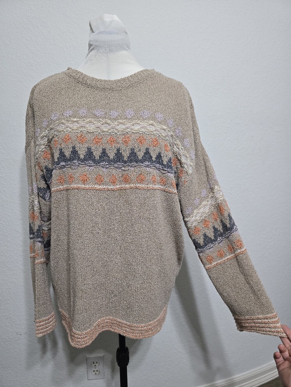easel Beige Boho Knit Sweater Pullover Geometric M Granola Girl Fair Isle Indie